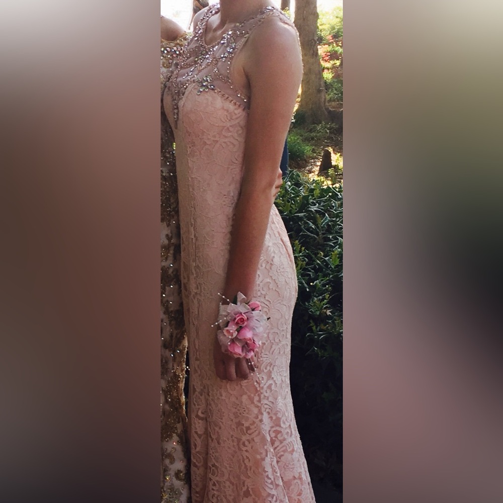Betsy and Adam Size 2 blush pink embellished high neck prom or formal dress